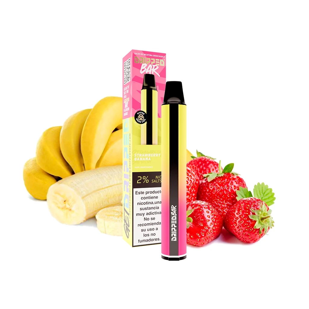 Vapeador Dripped Bar Strawberry Banana amarillo y rosa con boquilla negra, junto a su caja, fresas y plátanos sobre fondo blanco.