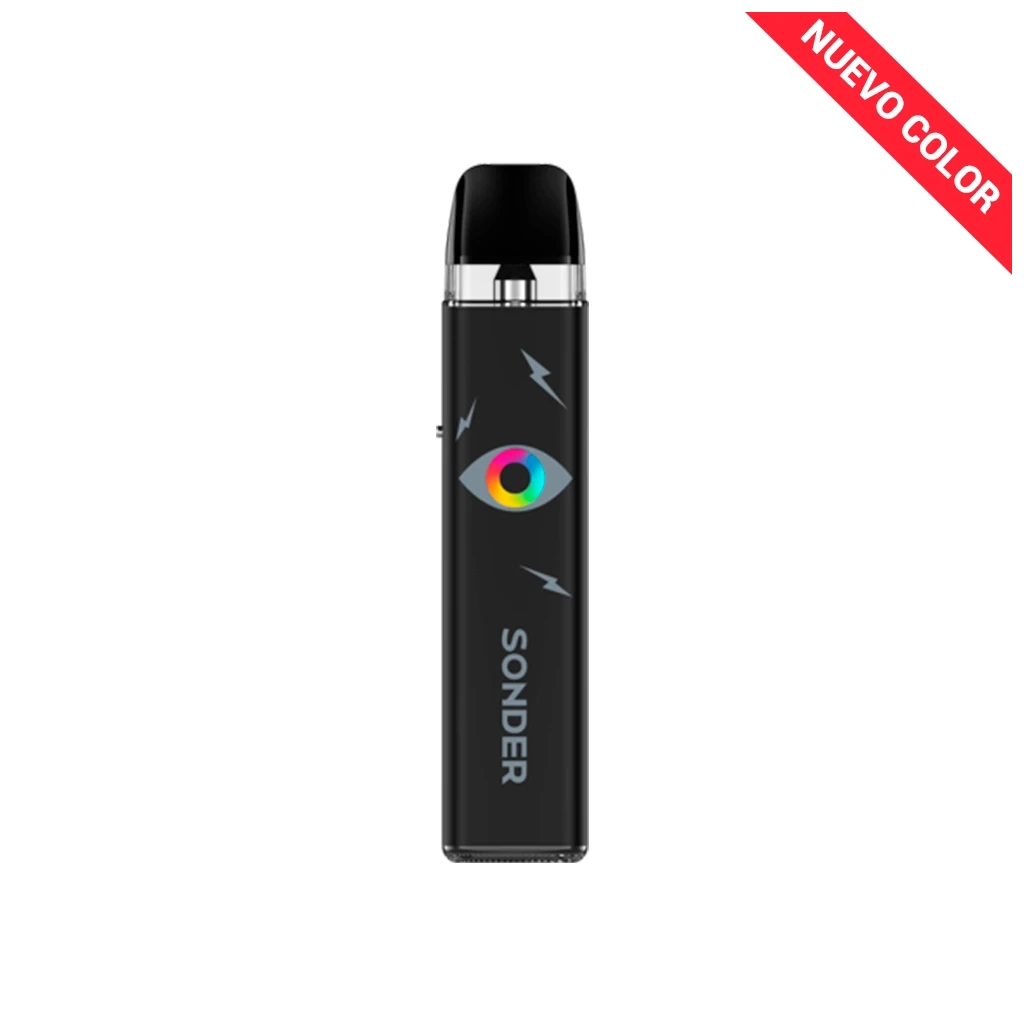 Geekvape Sonder Q 2 negro en vista frontal, con boquilla negra, depósito transparente y un ojo multicolor entre motivos de rayos.