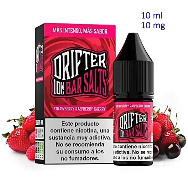 Frasco y caja roja de Drifter Bar Salts Strawberry Raspberry Cherry, con fresas, frambuesas y cerezas sobre fondo blanco.