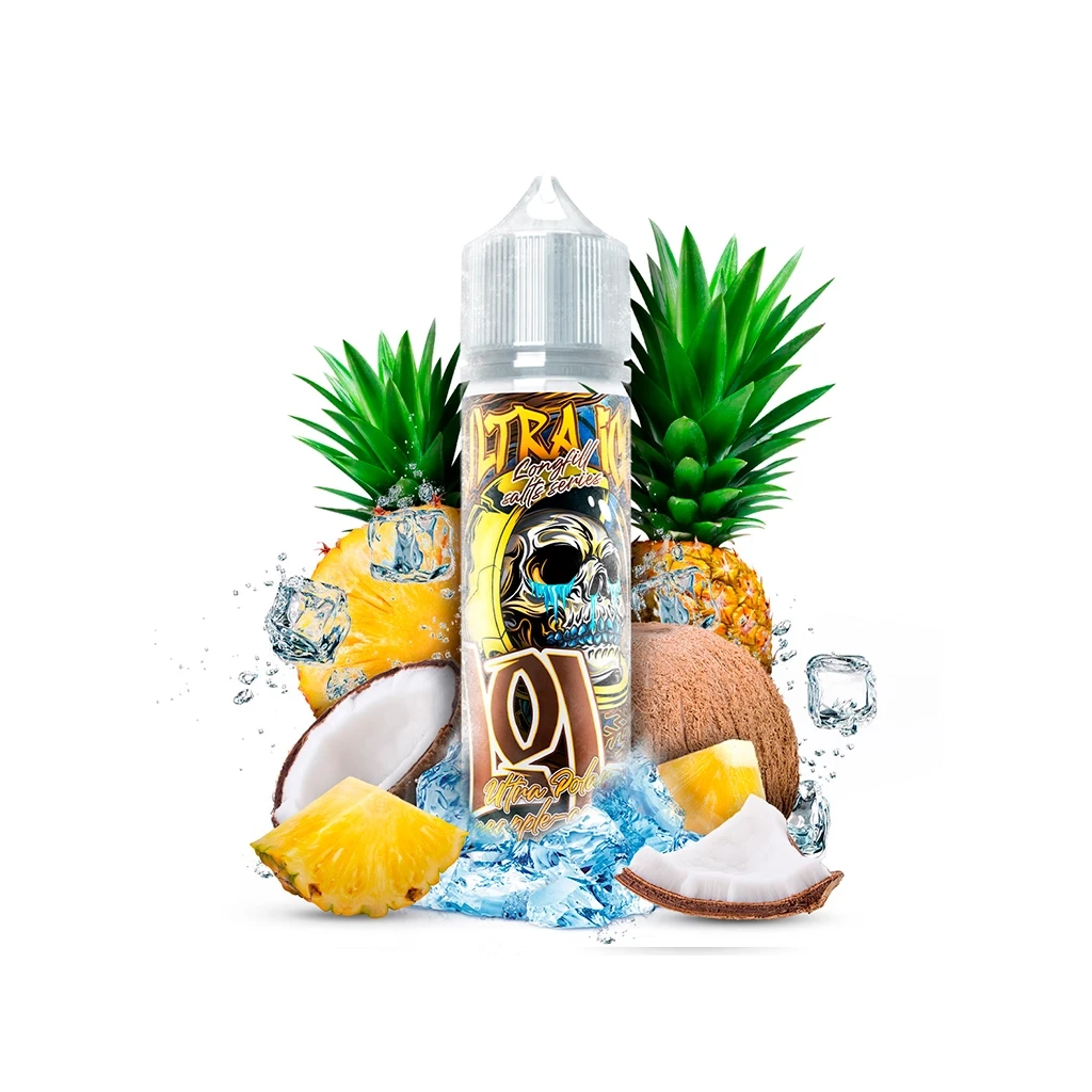 Frasco LOL Ultra Polar Pineapple Coconut Longfill con tapón blanco, rodeado de piña, coco y cubitos de hielo sobre fondo blanco.
