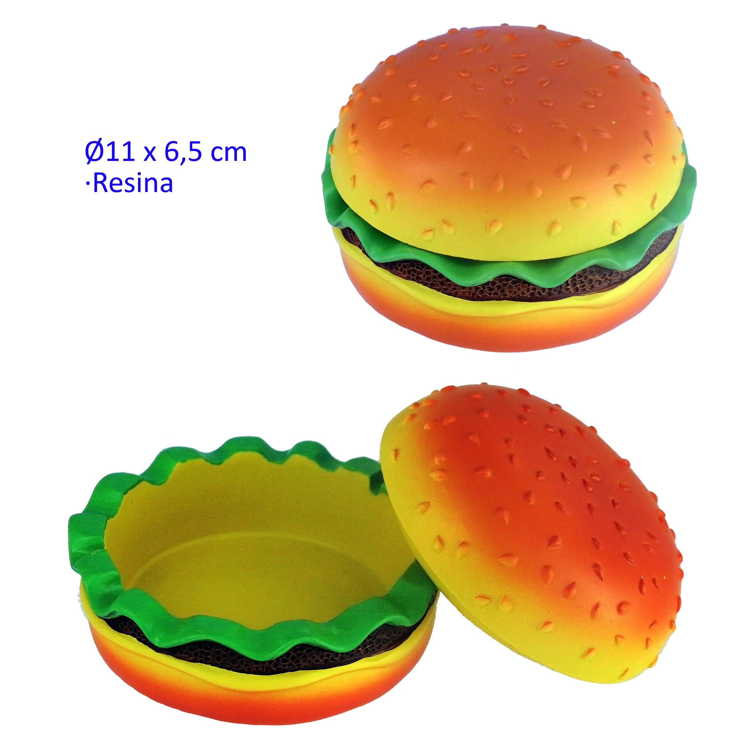 Cenicero con forma de hamburguesa y lechuga verde, mostrado cerrado y abierto con la tapa apoyada a un lado.