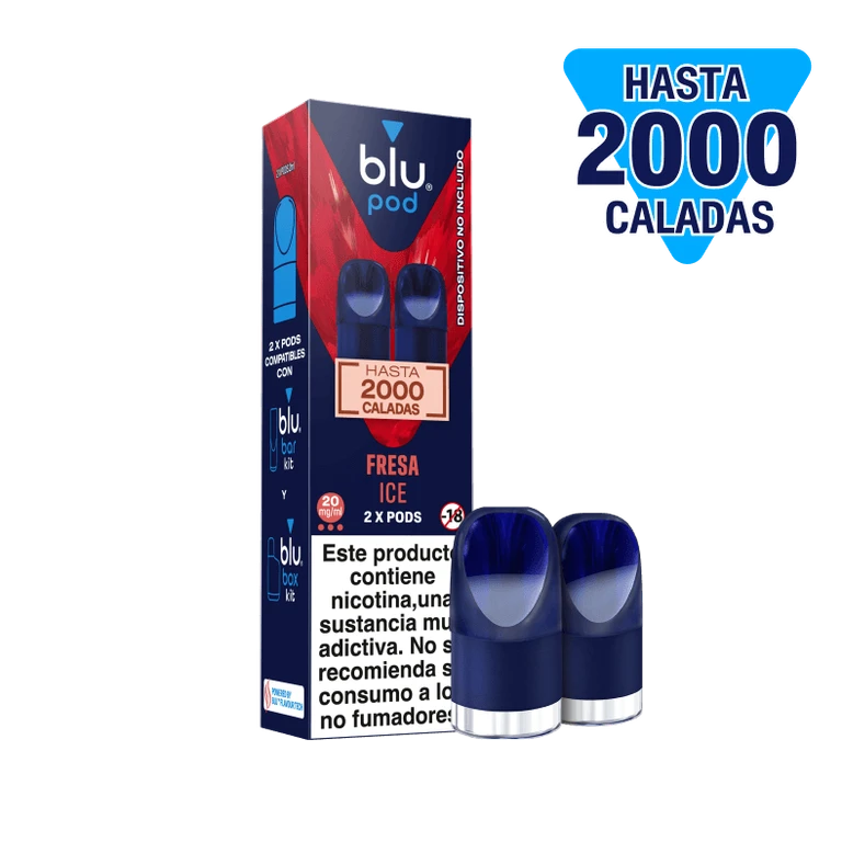 Caja de Blu Pods Fresa Ice junto a dos pods azules sobre fondo negro, con advertencia de nicotina y texto «hasta 2000 caladas».