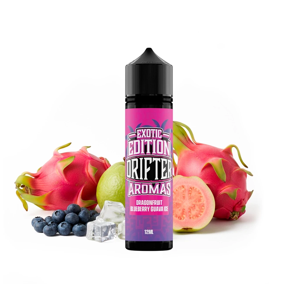 Frasco Drifter Exotic Dragonfruit Blueberry Guava Ice de 12 ml, con etiqueta rosa, rodeado de pitayas, guayabas, arándanos y hielo.