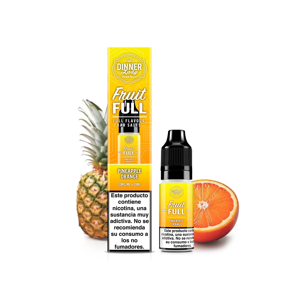 Frasco y caja amarilla de Dinner Lady Fruit Full Pineapple Orange, acompañados de una piña y media naranja sobre fondo blanco.