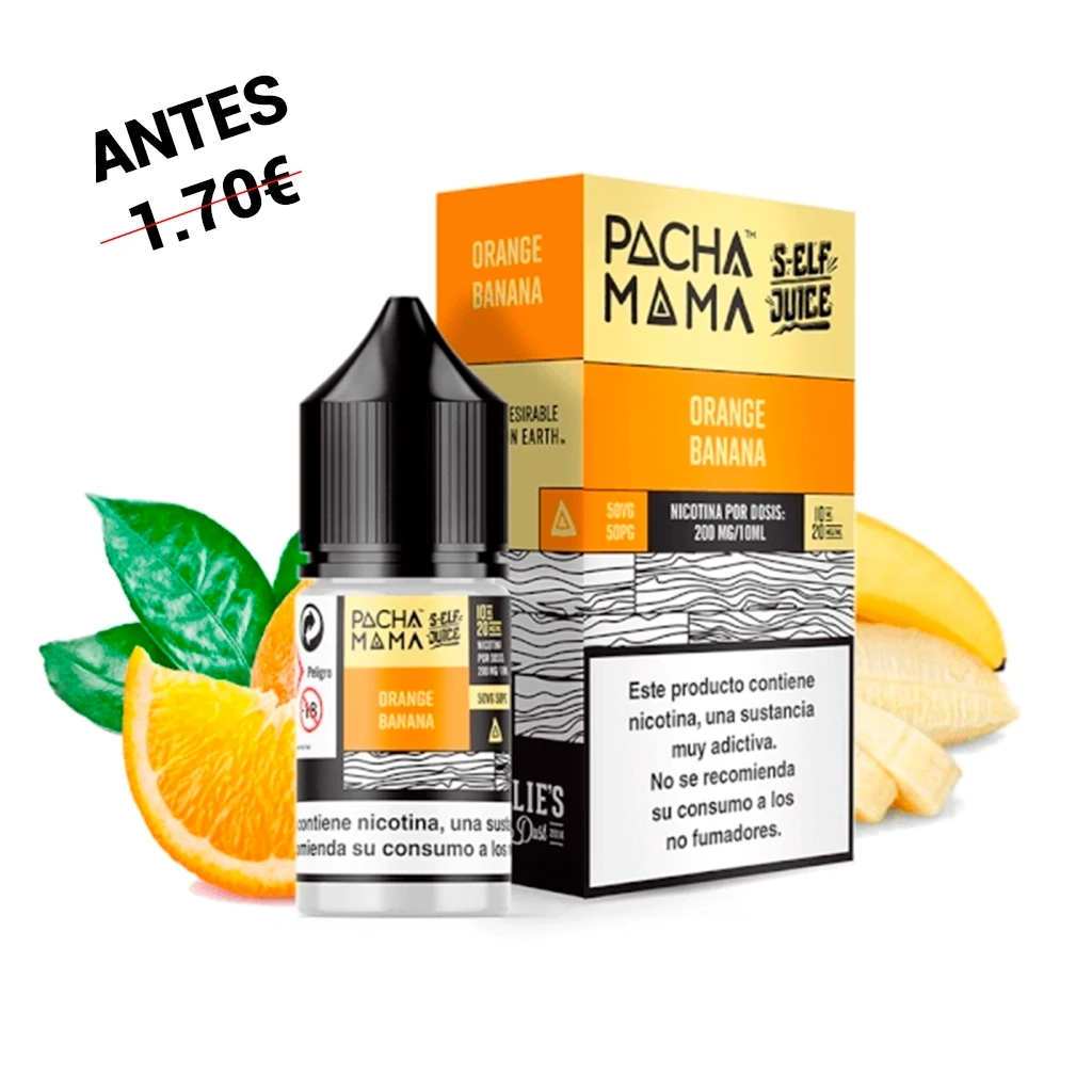 Frasco con tapón negro y caja de Pachamama Self Juice Orange Banana, acompañados de un gajo de naranja y un plátano pelado.