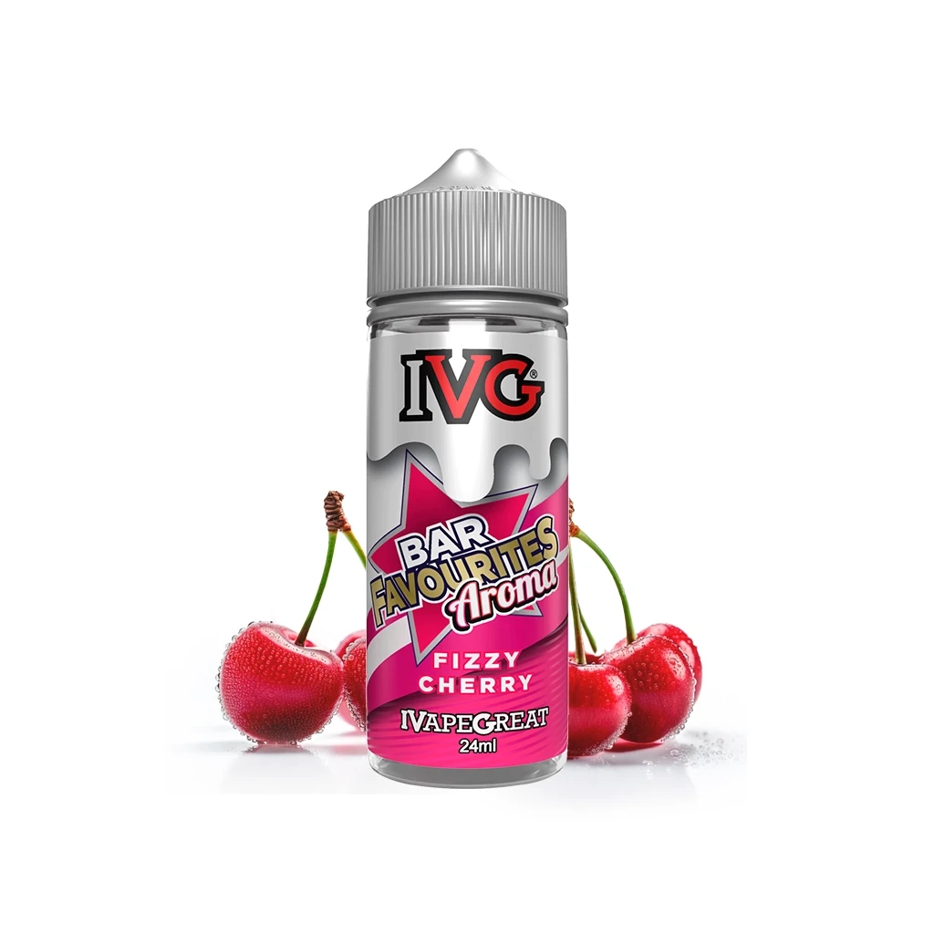 Bote de IVG Fizzy Cherry de 24 ml con tapón gris y etiqueta plateada y rosa, rodeado de cerezas rojas sobre fondo blanco.
