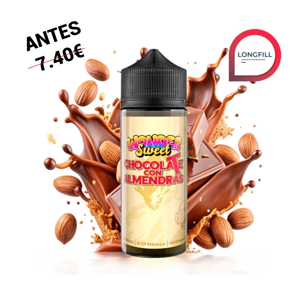 Frasco de Vapemoniadas Wonder Sweet Chocolate con Almendras Longfill, con tapón negro, rodeado de chocolate y almendras ilustrados.