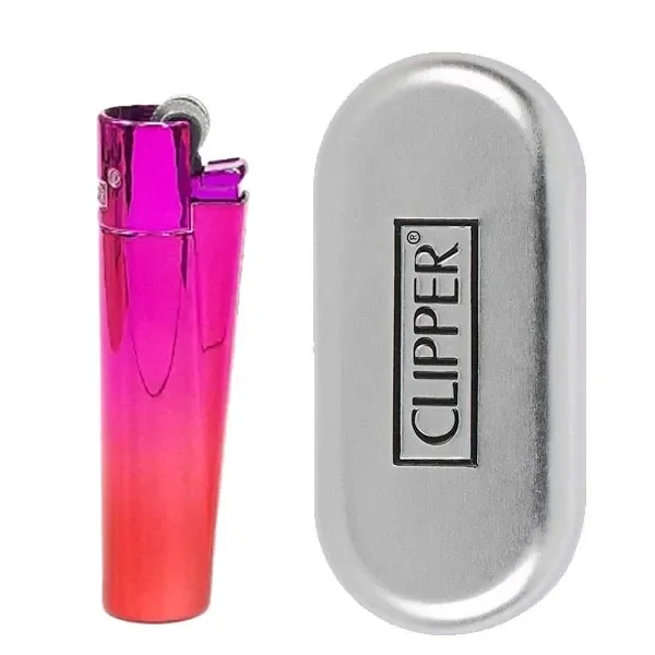 Mechero Clipper Metal Classic Gradient con degradado de fucsia a naranja, junto a un estuche plateado con el logotipo CLIPPER.