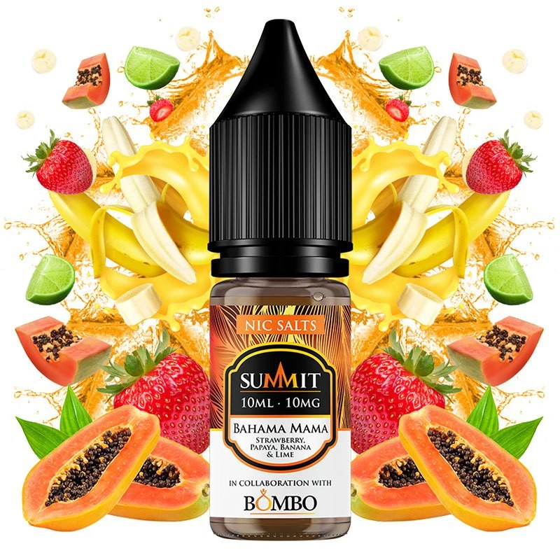 Frasco Bahama Mama de Summit y Bombo con etiqueta de 10 mg, rodeado de fresas, papaya, plátano, lima y salpicaduras amarillas.