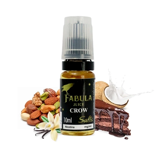 Frasco de Fabula Juice Salts Crow con tapón translúcido, rodeado de frutos secos, vainilla, coco y una porción de pastel de chocolate.