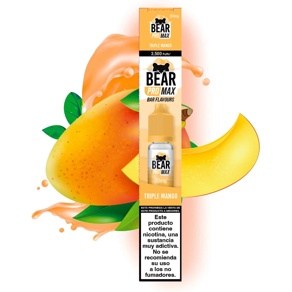 Caja alargada de Bear Pro Max Salts Triple Mango 20mg, con un frasco ilustrado, mangos de fondo y advertencia sobre nicotina.