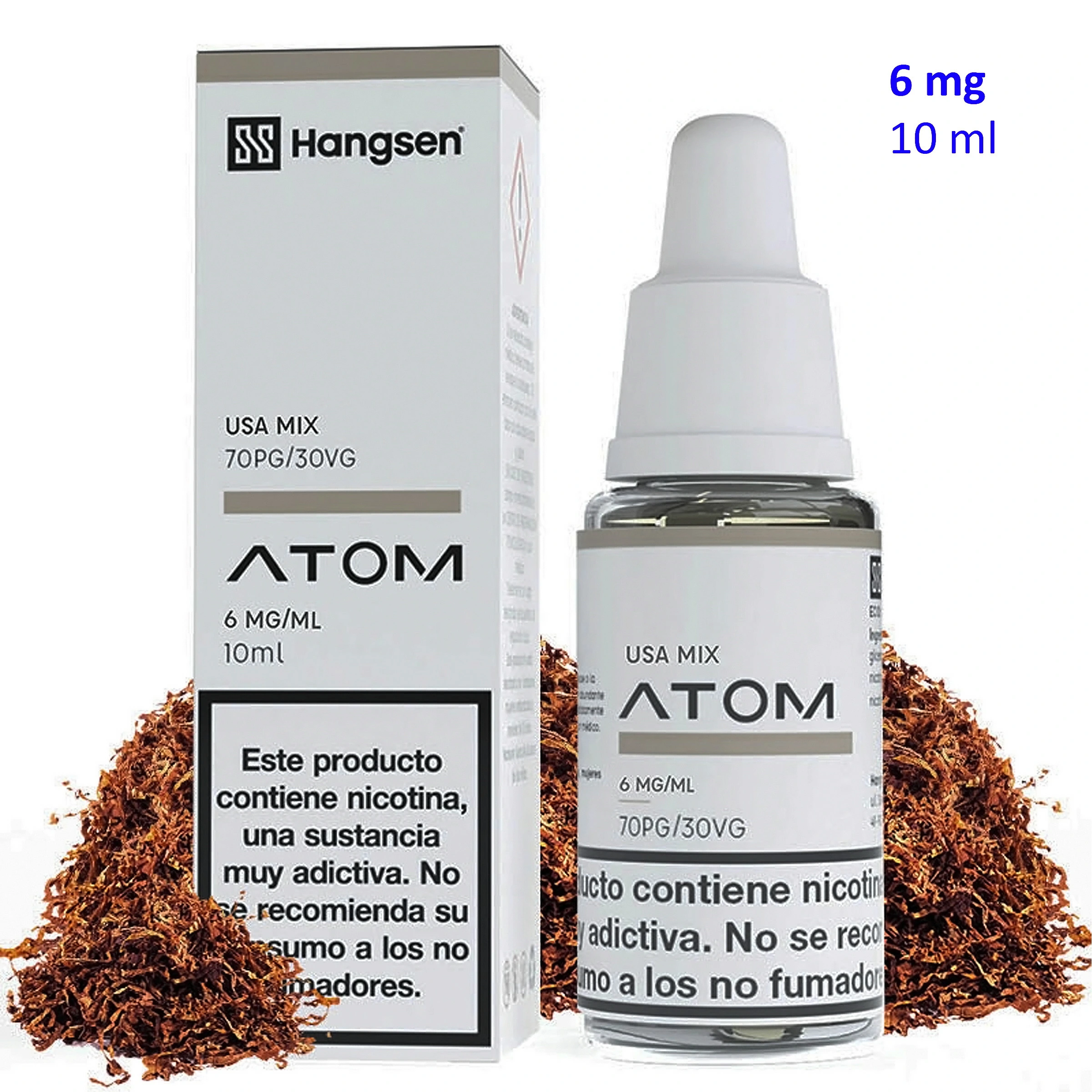 Frasco y caja de Hangsen Atom USA Mix de 6 mg/ml y 10 ml, con advertencias sobre nicotina y montones de tabaco alrededor.