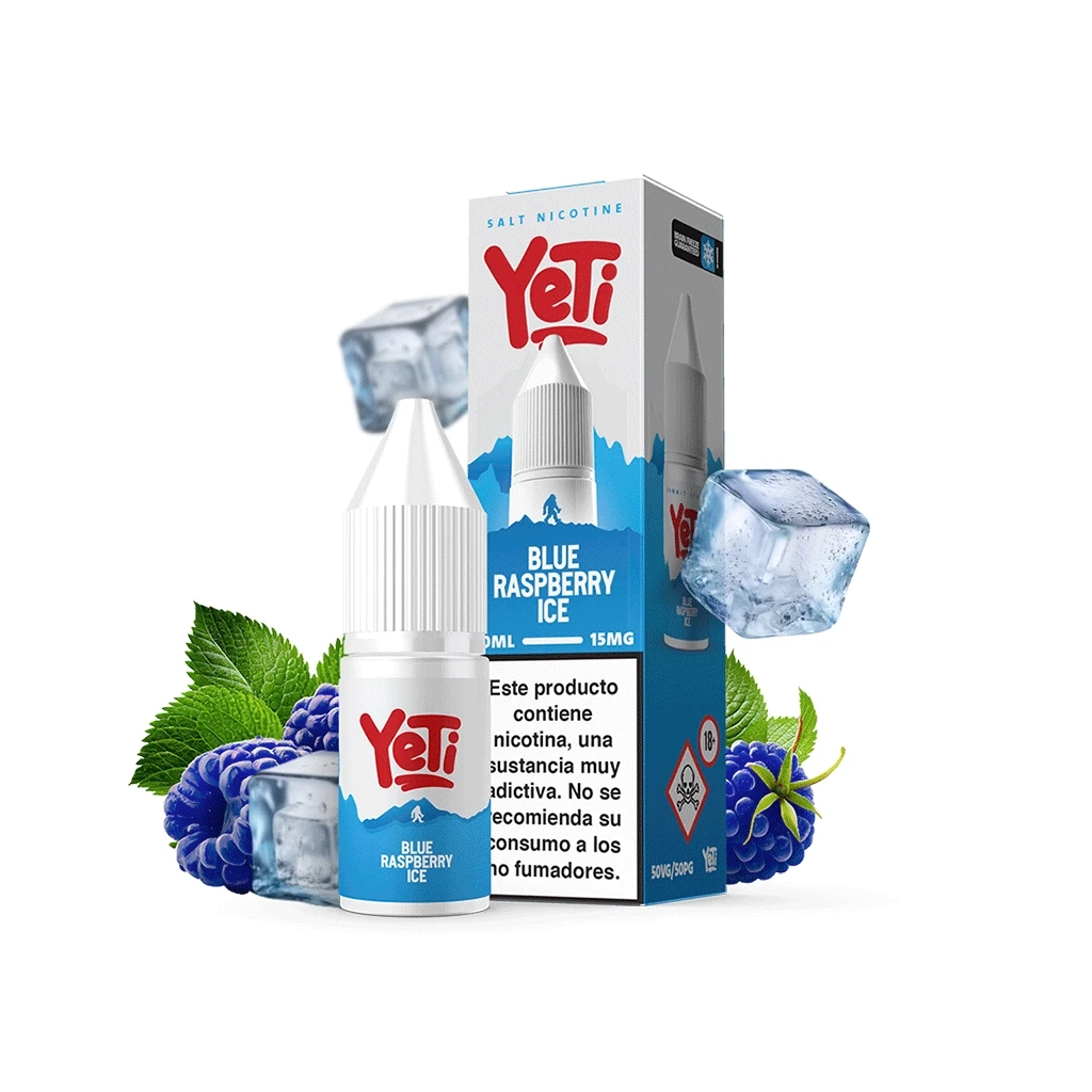 Frasco y caja de Yeti Blue Raspberry Ice con etiquetas blancas y azules, rodeados de frutos azules, hojas verdes y cubitos de hielo.