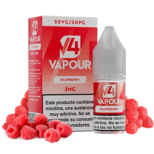 Bote y caja roja de V4 Vapour Raspberry, con indicaciones 3MG y 50VG/50PG, rodeados de frambuesas sobre fondo blanco.