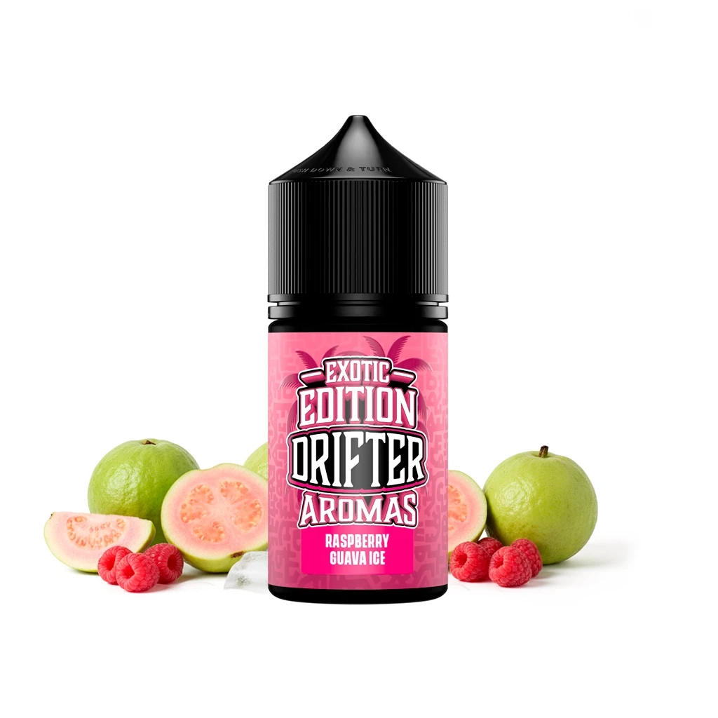 Bote de Drifter Exotic Raspberry Guava Ice con etiqueta rosa y tapón negro, acompañado de guayabas, frambuesas y hielo.
