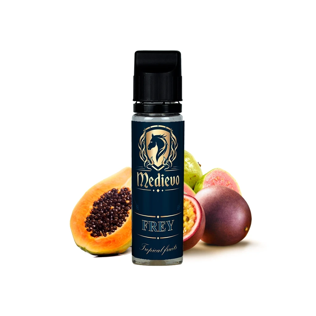 Bote Medievo Frey con tapón negro y etiqueta azul oscuro con emblema dorado de caballo, junto a papaya, guayaba y maracuyá.