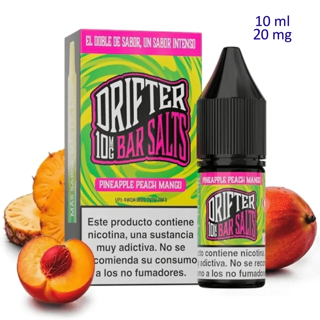 Caja y bote Drifter Bar Salts Pineapple Peach Mango junto a piña, melocotón y mango, con texto 10 ml y 20 mg y advertencia de nicotina.