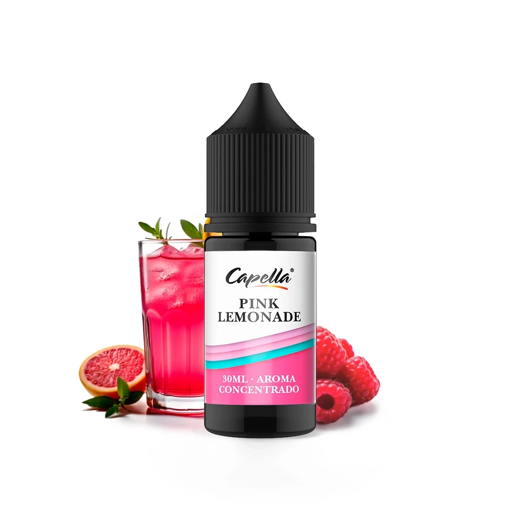 Frasco de Capella Pink Lemonade con tapón negro y etiqueta rosa, acompañado de una bebida rosa con hielo, frambuesas y un cítrico cortado.