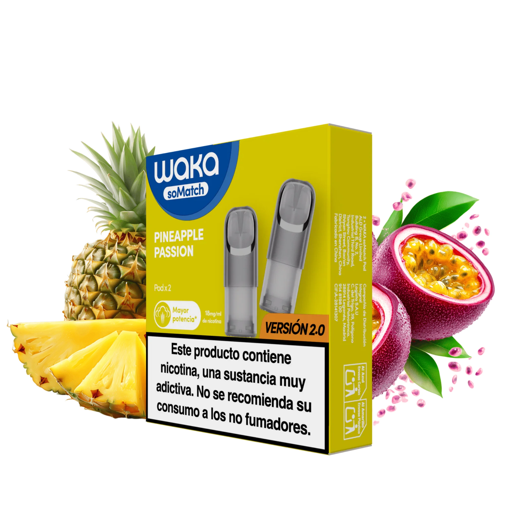 Caja amarilla Waka soMatch Pineapple Passion con dos pods ilustrados, advertencia de nicotina y piña y maracuyá alrededor.