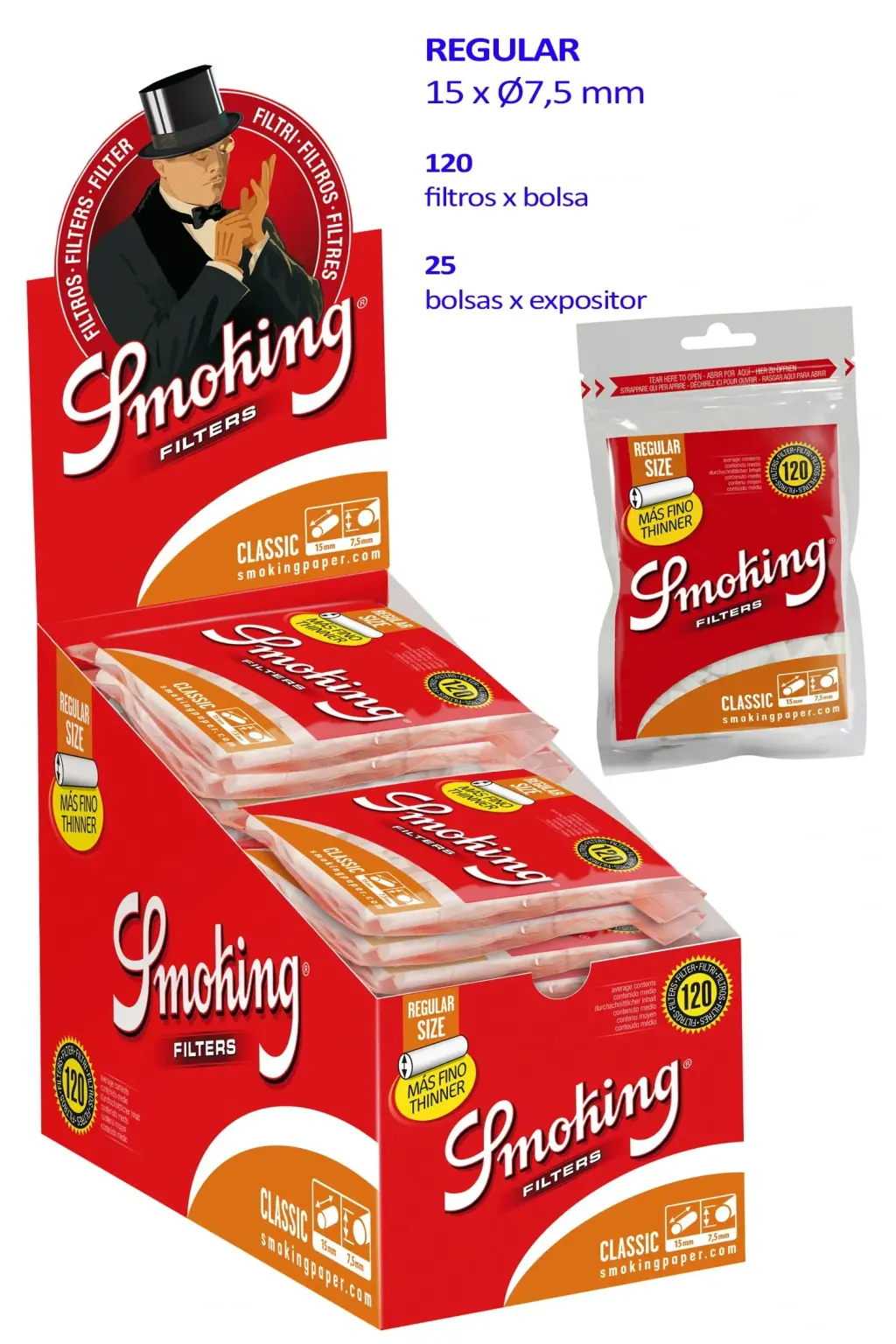 Expositor rojo de filtros Smoking Regular thinner con bolsas apiladas y una bolsa individual al lado; indica 120 filtros por bolsa.