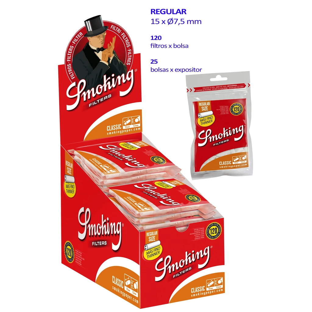 Expositor rojo de filtros Smoking Regular thinner con bolsas apiladas y una bolsa individual al lado; indica 120 filtros por bolsa. Expositor rojo de filtros Smoking Regular thinner con bolsas apiladas y una bolsa individual al lado; indica 120 filtros por bolsa.