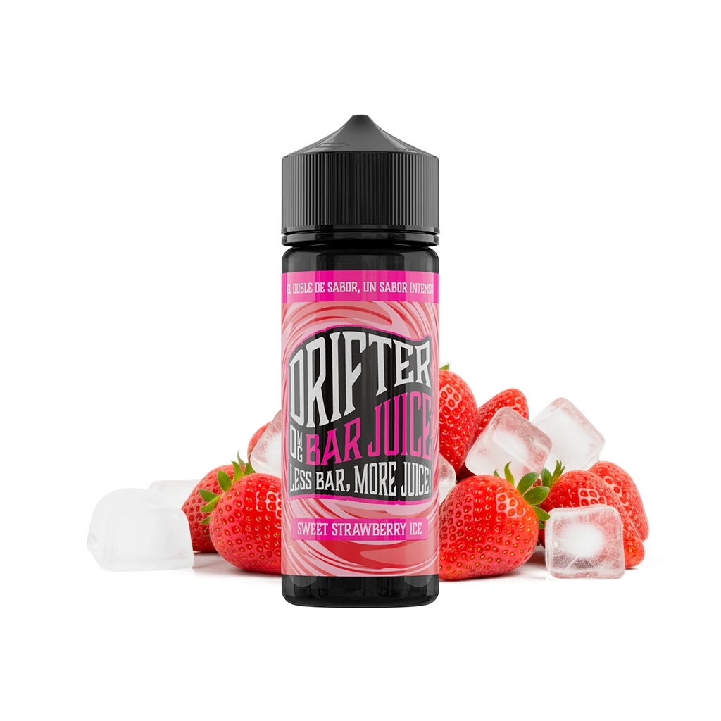 Botella de Drifter Bar Sweet Strawberry Ice con tapón negro y etiqueta rosa, rodeada de fresas y cubitos de hielo sobre fondo blanco.