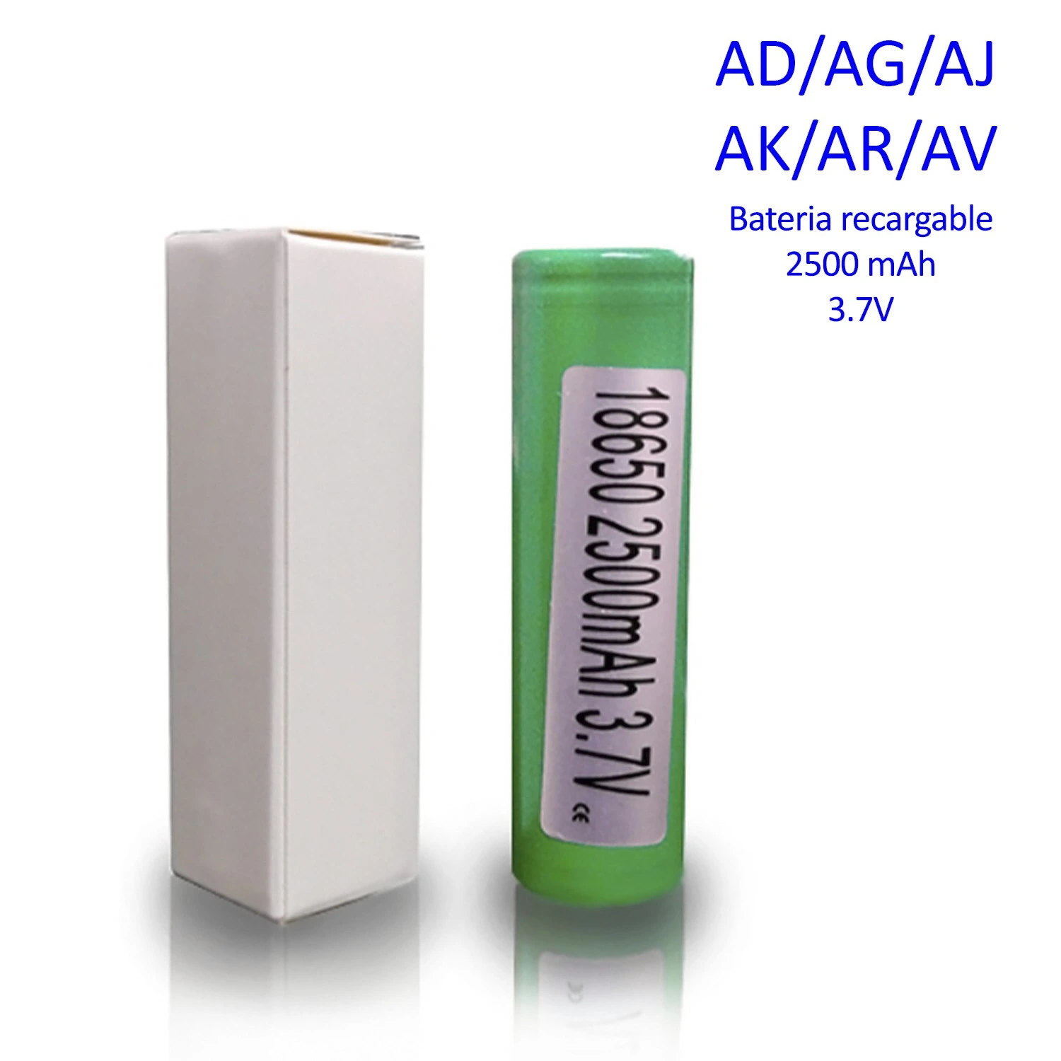 Batería cilíndrica verde junto a una caja blanca, con etiqueta visible de formato 18650, capacidad de 2500 mAh y tensión de 3,7 V. Batería cilíndrica verde junto a una caja blanca, con etiqueta visible de formato 18650, capacidad de 2500 mAh y tensión de 3,7 V.