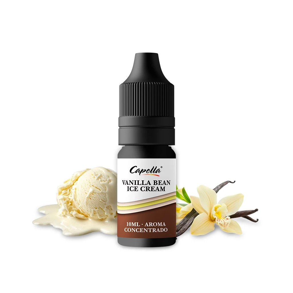 Frasco Capella Vanilla Bean Ice Cream de 10 ml con tapón negro, junto a una bola de helado, una flor y vainas de vainilla.