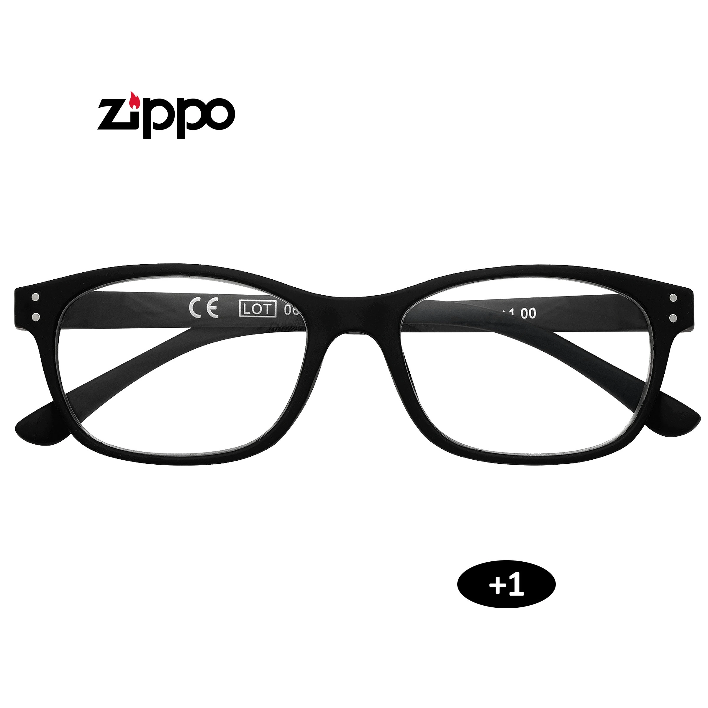 Gafas de lectura Zippo de frente, con montura negra rectangular, patillas plegadas y distintivo de graduación +1.
