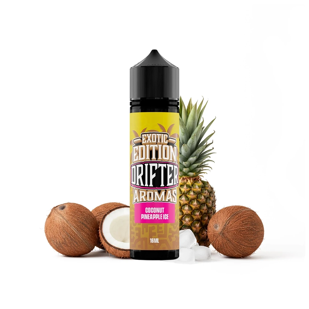 Bote Drifter Exotic Coconut Pineapple Ice con tapón negro y etiqueta amarilla, rodeado de cocos, una piña y cubitos de hielo.