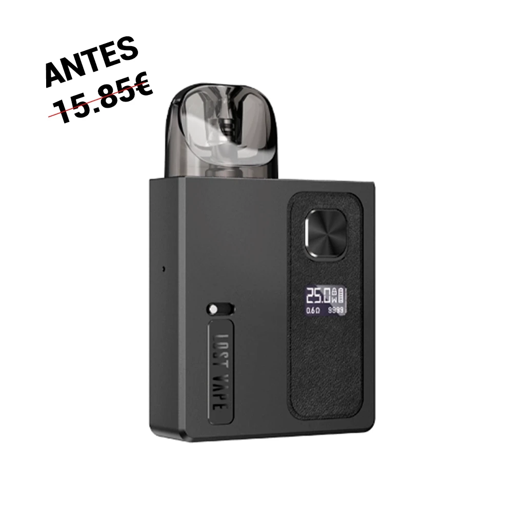Lost Vape Ursa Baby Pro negro, de cuerpo rectangular con depósito translúcido, botón frontal y pantalla que muestra 25,0 W.