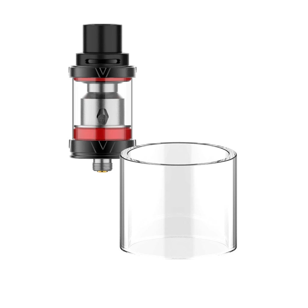 Cristal cilíndrico transparente de recambio para Vaporesso Veco Tank, delante de un depósito con piezas negras y juntas rojas. Cristal cilíndrico transparente de recambio para Vaporesso Veco Tank, delante de un depósito con piezas negras y juntas rojas.
