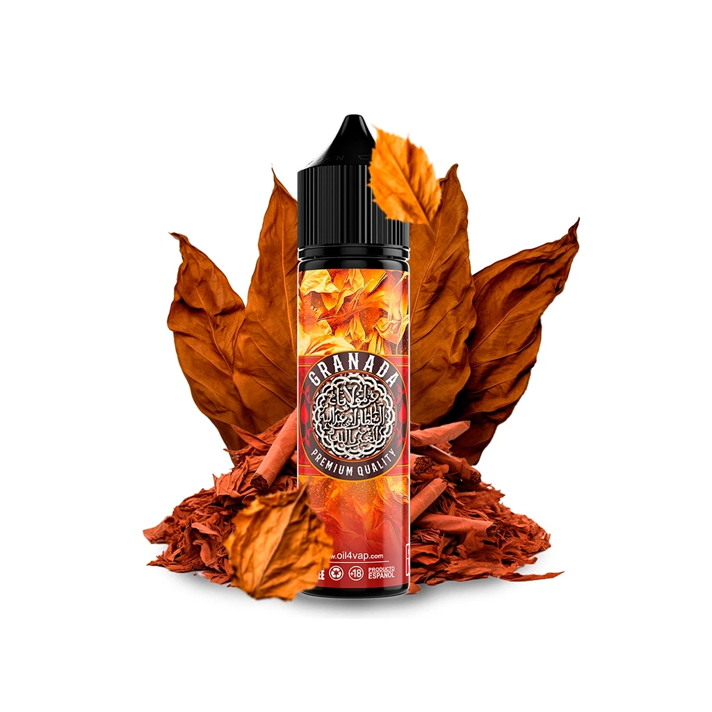 Botella Oil4vap Rubio Granada Longfill con tapón negro y etiqueta naranja, rodeada de hojas secas marrones y tabaco desmenuzado.