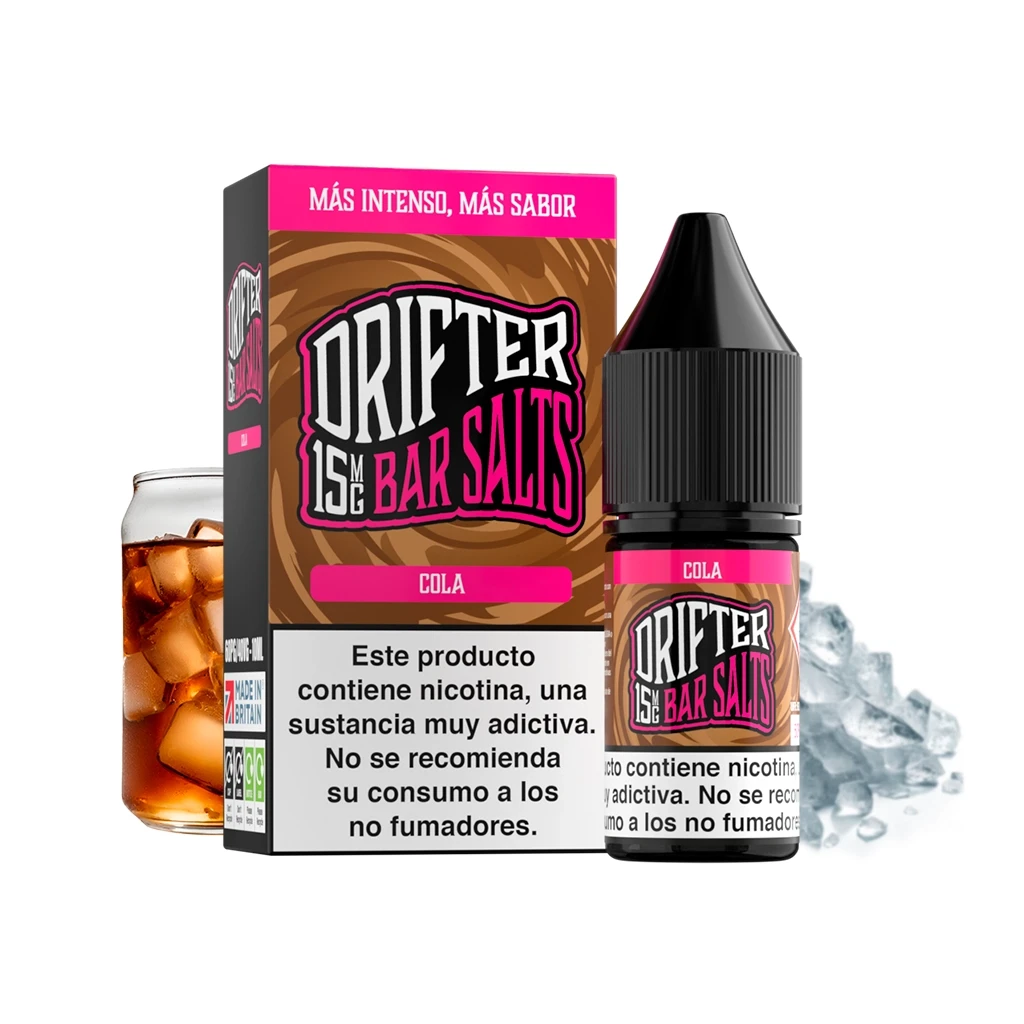 Frasco Drifter Bar Salts Cola con tapón negro junto a su caja marrón y rosa, advertencia de nicotina y un vaso de cola con hielo al fondo.