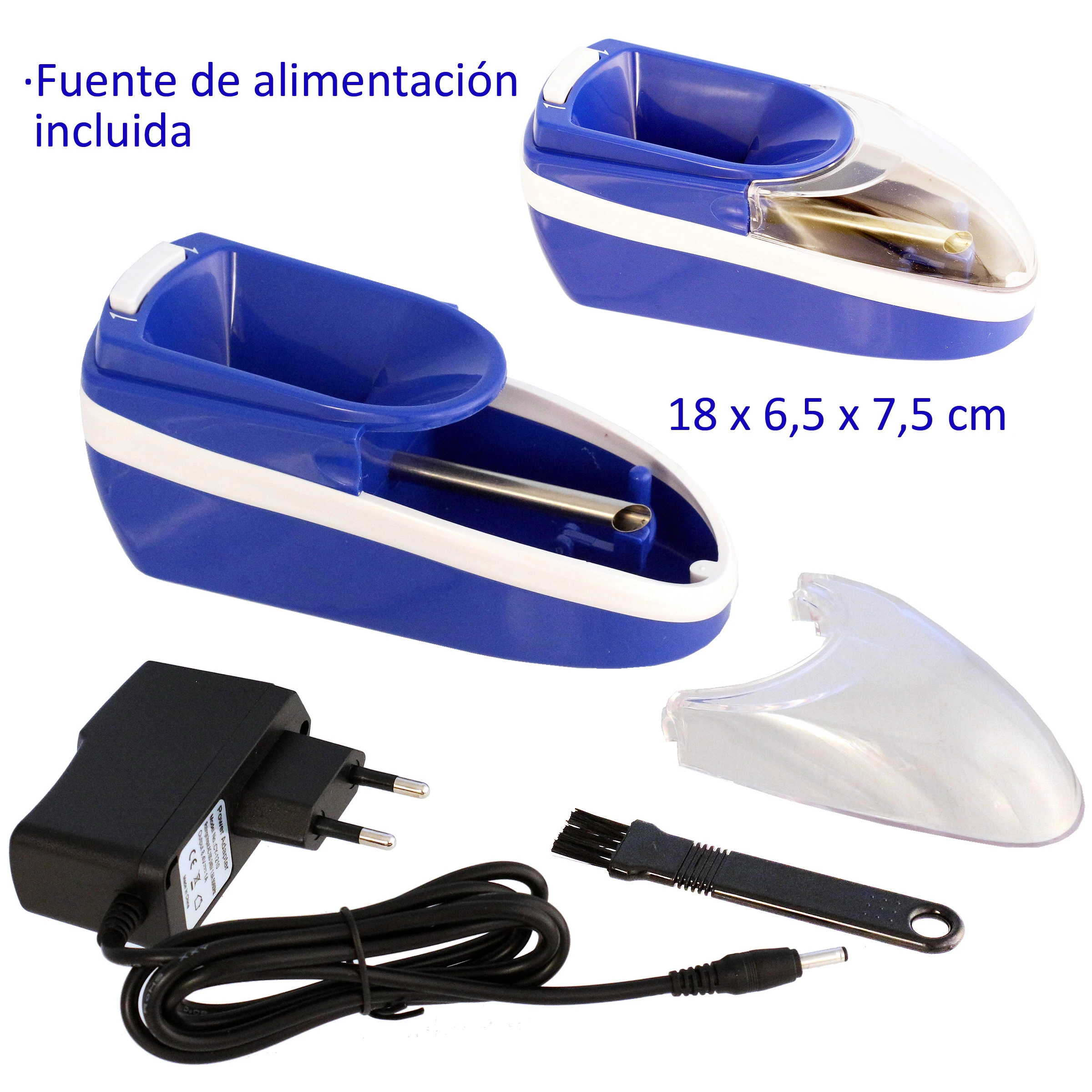 Máquina eléctrica llenadora de tubos azul y blanca, mostrada abierta y cerrada, con tapa transparente, adaptador y cepillo. Máquina eléctrica llenadora de tubos azul y blanca, mostrada abierta y cerrada, con tapa transparente, adaptador y cepillo.