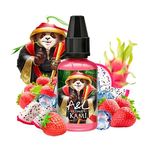 Frasco rosa de A&L Ultimate Kami Sweet Edition con tapón negro, rodeado de fresas, pitaya, hielo y un personaje con sombrero.