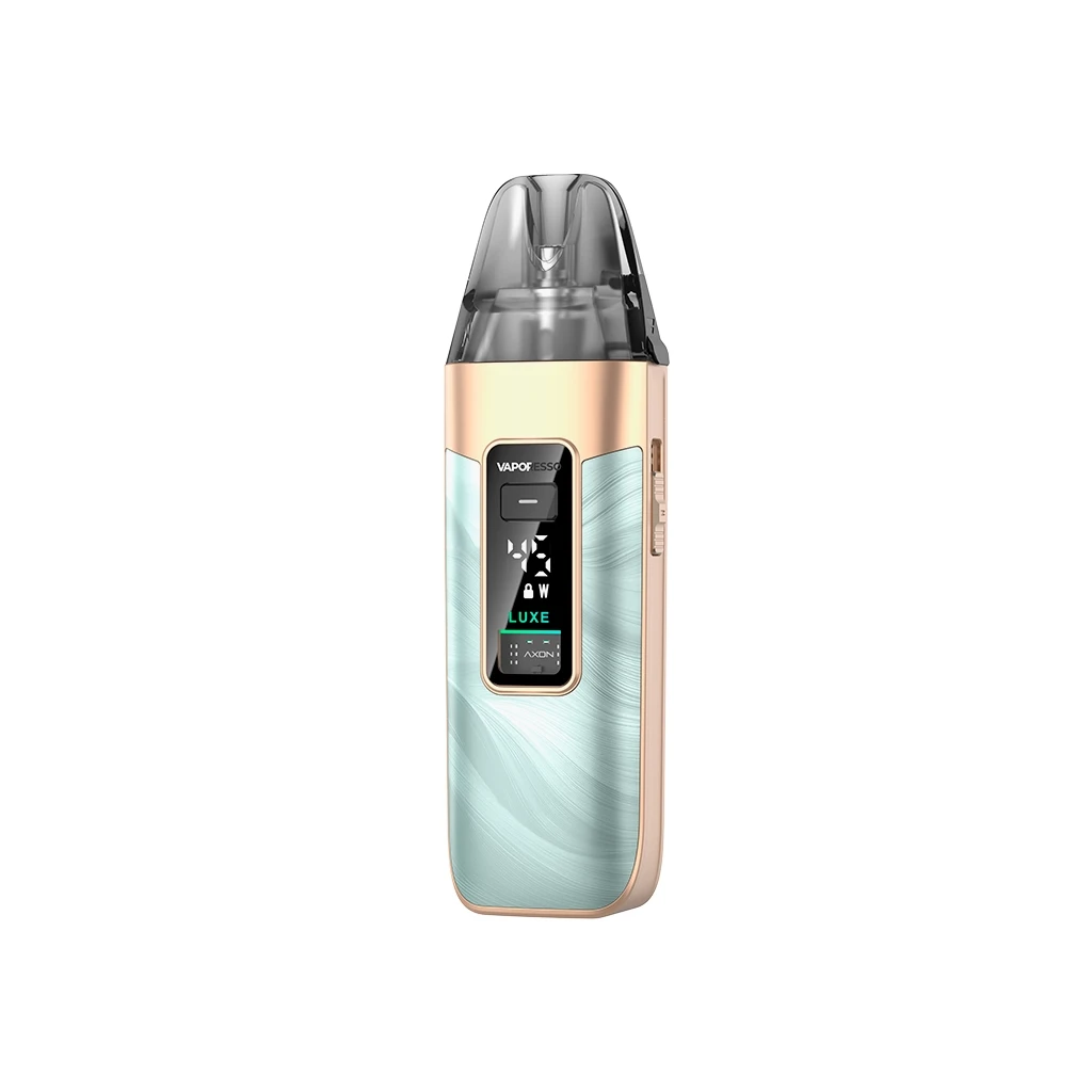 Vapeador Vaporesso Luxe X3 con frontal verde claro, bordes dorados, pantalla negra y cartucho translúcido, sobre fondo blanco. Vapeador Vaporesso Luxe X3 con frontal verde claro, bordes dorados, pantalla negra y cartucho translúcido, sobre fondo blanco.