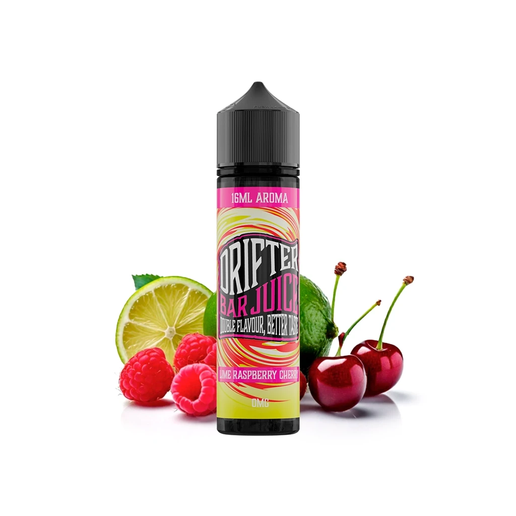 Frasco Drifter Bar Juice con etiqueta Lime Raspberry Cherry de 16 ml de aroma, junto a lima, frambuesas y cerezas.