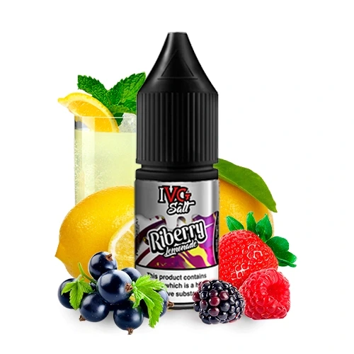 Frasco IVG Salts Riberry Lemonade con tapón negro, rodeado de limón, frutos rojos y oscuros, hojas verdes y un vaso con hielo.