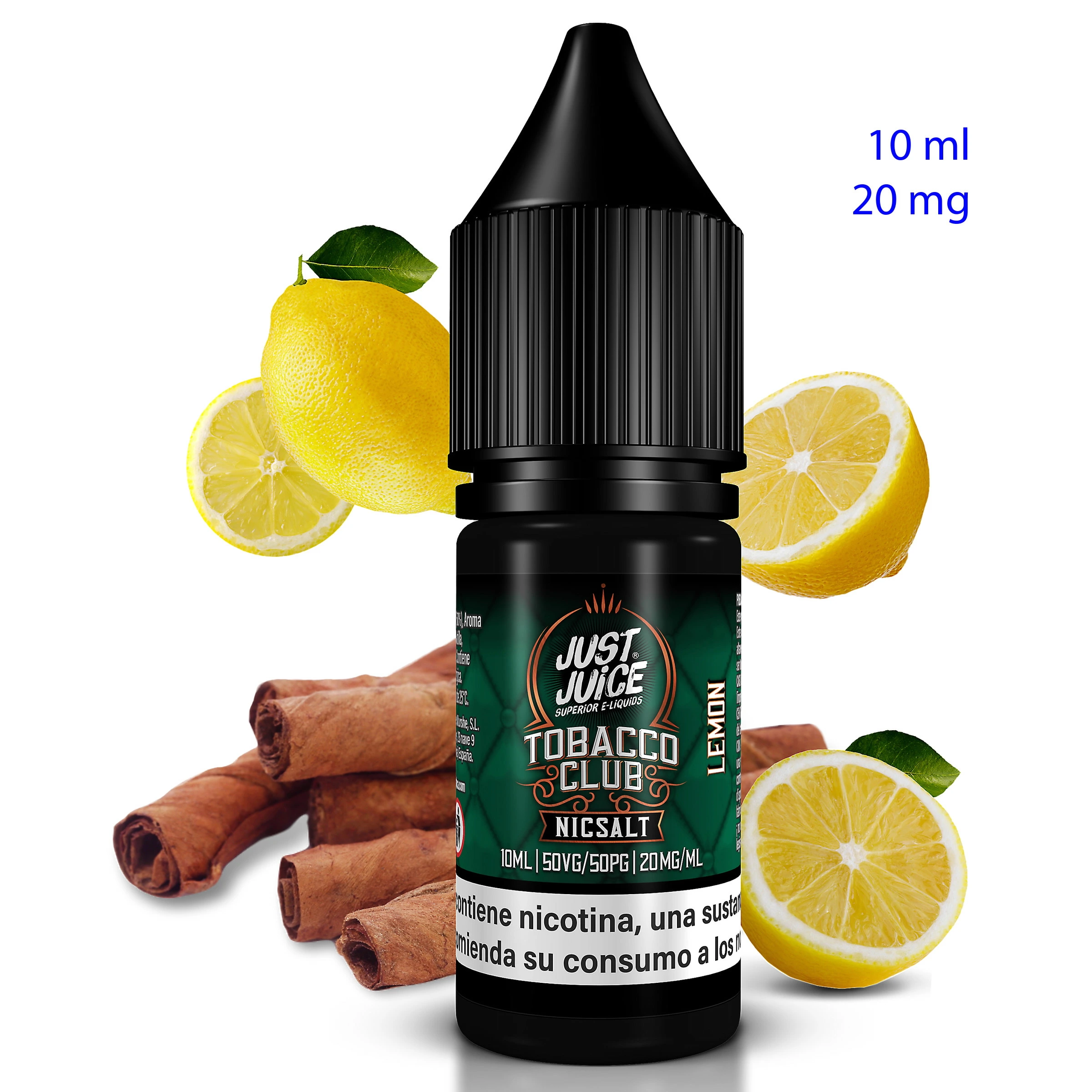 Bote negro de líquido Tobacco Club Lemon de Just Juice, rodeado de limones y ramas de canela, con texto de 10 ml y 20 mg.