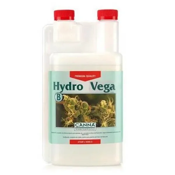 Envase blanco de CANNA Hydro Vega B, con dos tapones rojos, cámara dosificadora y etiqueta verde clara con una fotografía de plantas. Envase blanco de CANNA Hydro Vega B, con dos tapones rojos, cámara dosificadora y etiqueta verde clara con una fotografía de plantas.