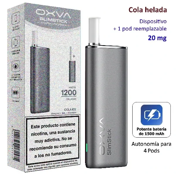OXVA SlimStick gris junto a su caja Cola Ice, con boquilla blanca y textos de 20 mg, batería de 1500 mAh y hasta 1200 caladas.