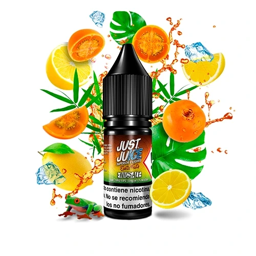 Frasco Just Juice Exotic Fruits Salts Lulo & Citrus On Ice rodeado de frutas amarillas y naranjas, hielo, hojas verdes y una rana.