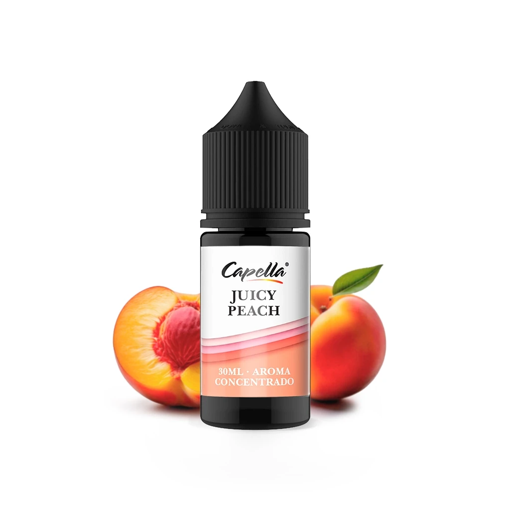 Frasco de aroma Capella Juicy Peach de 30 ml con tapón negro, acompañado de un melocotón entero y otro partido.