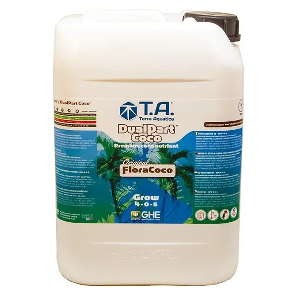 Gar garrafa clara de DualPart Coco Grow de Terra Aquatica, con asa superior, tapón oscuro y etiqueta azul y verde con la fórmula 4-0-5. Gar garrafa clara de DualPart Coco Grow de Terra Aquatica, con asa superior, tapón oscuro y etiqueta azul y verde con la fórmula 4-0-5.