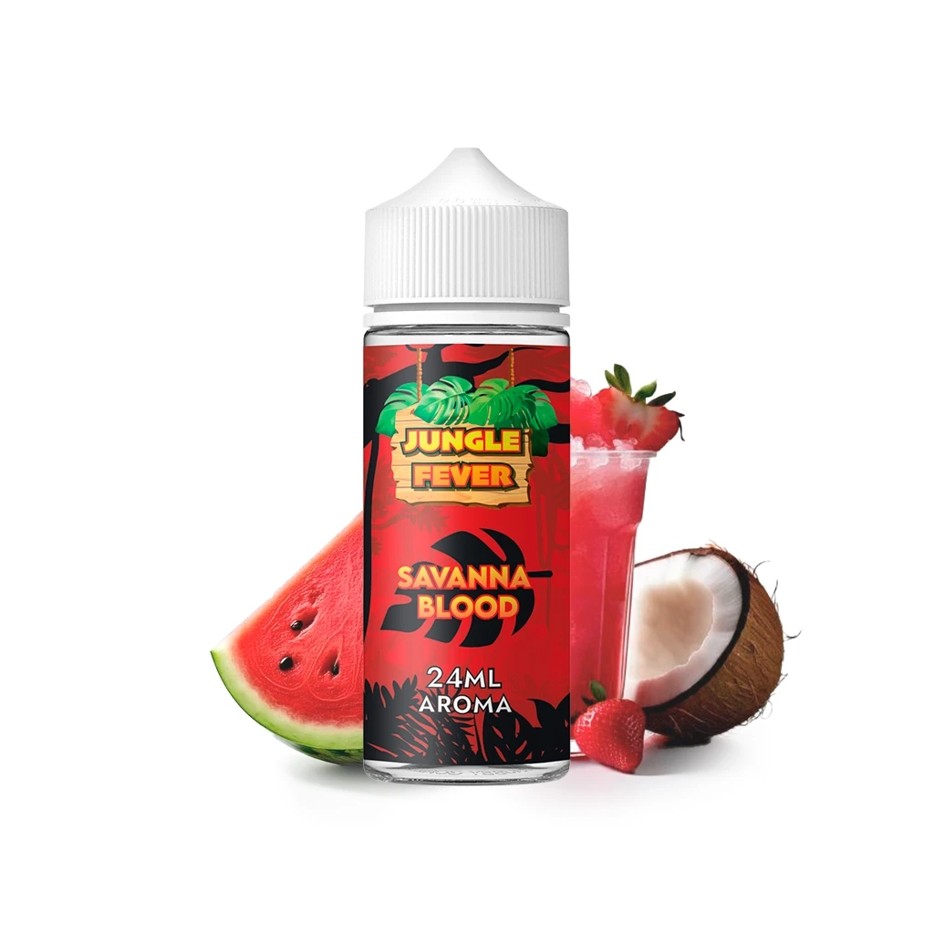 Frasco Jungle Fever Savanna Blood con tapón blanco y etiqueta roja de 24 ml, junto a sandía, coco, fresas y una bebida roja.