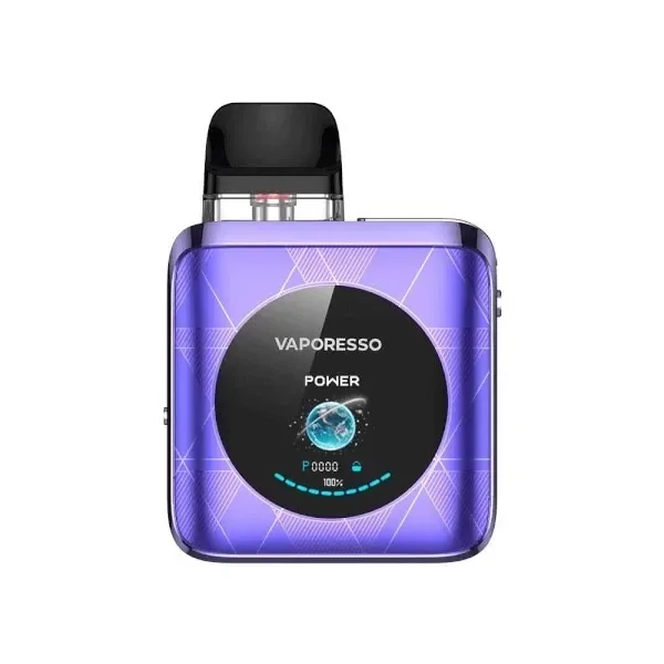 Vaporesso Xros 4 Nano morado, visto de frente, con motivos geométricos, pantalla circular negra y boquilla negra en la parte superior. Vaporesso Xros 4 Nano morado, visto de frente, con motivos geométricos, pantalla circular negra y boquilla negra en la parte superior.