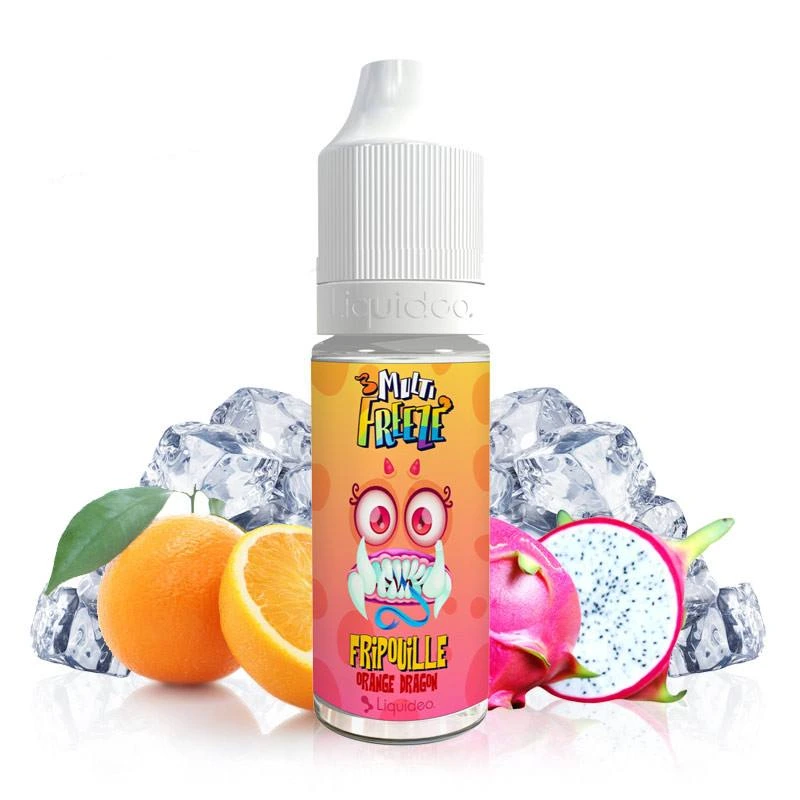 Frasco Fripouille Multi Freeze de Liquideo con tapón blanco, rodeado de naranja, pitahaya y cubitos de hielo.