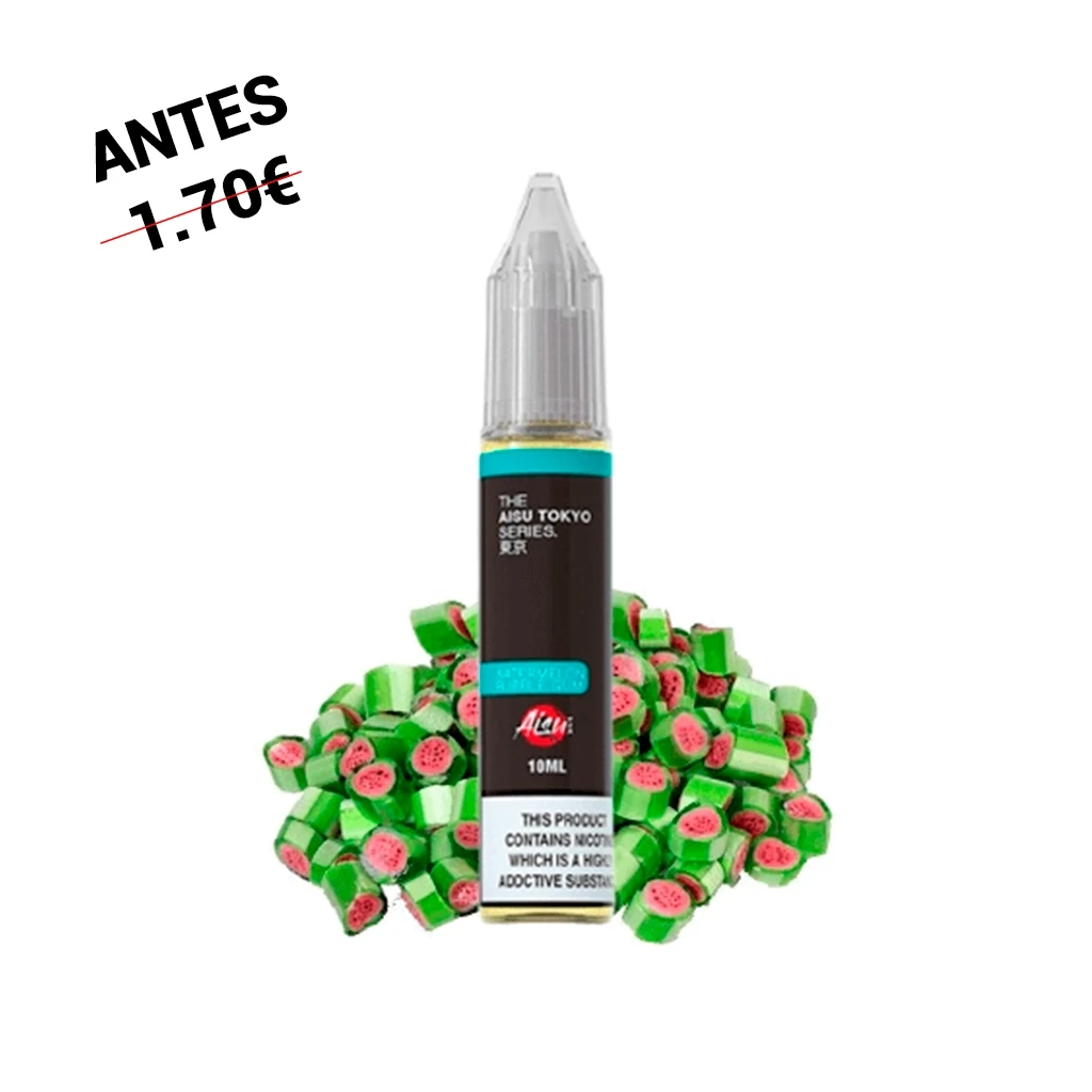 Frasco Aisu Tokyo Watermelon Bubblegum de 10 ml con tapón transparente, rodeado de caramelos verdes con dibujos de sandía.