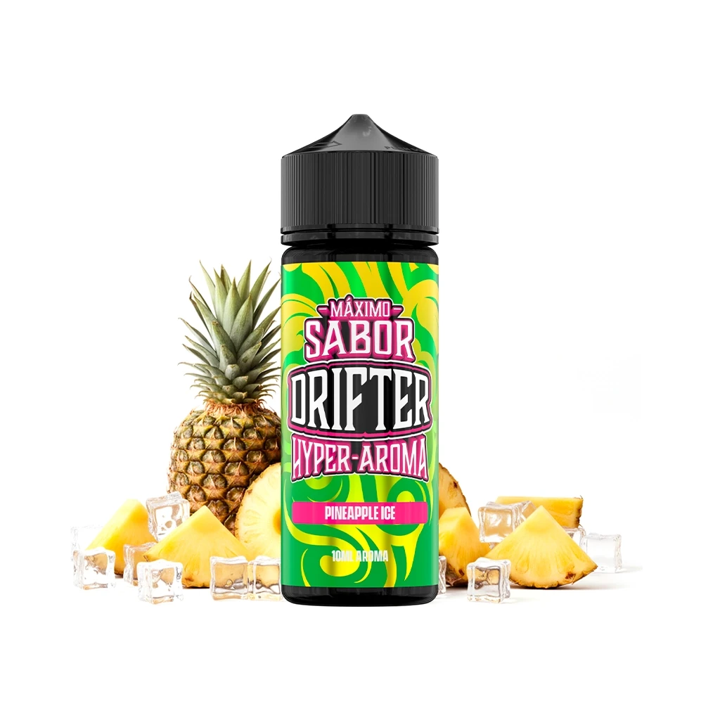 Bote de Drifter Hyper Pineapple Ice con tapón negro y etiqueta verde y amarilla, rodeado de piña y cubitos de hielo.